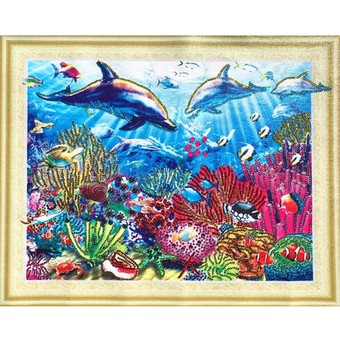 delfiner i koralrevet 40x50 cm firkantet