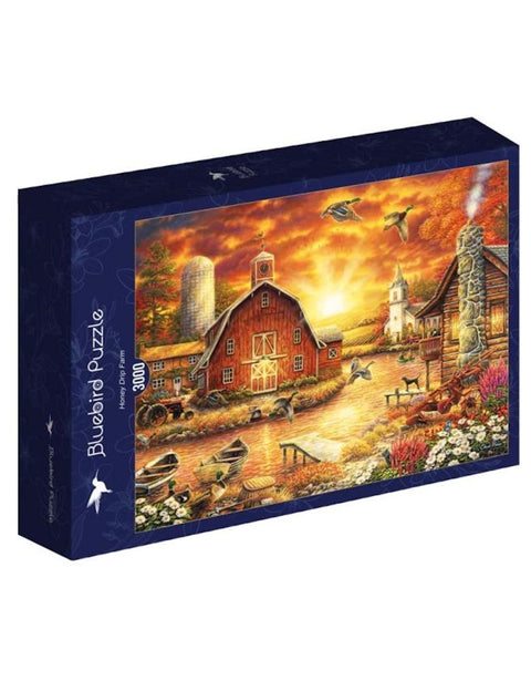 Bluebird Puzzle, 3000 brikker, solnedgang over et landsted med dyr, vand og en orange himmel